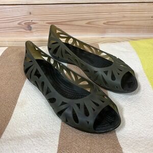 Crocs Adrina III Peep Toe Flats Women 8 Jelly Slip On Gray Black Laser Cut Outs